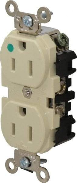 Leviton - 125 VAC, 15 Amp, 5-15R NEMA Configuration, Ivory, Hospital Grade, Self Grounding Duplex Receptacle - 1 Phase, 2 Poles, 3 Wire, Flush Mount, Impact Resistant - Apex Tool & Supply