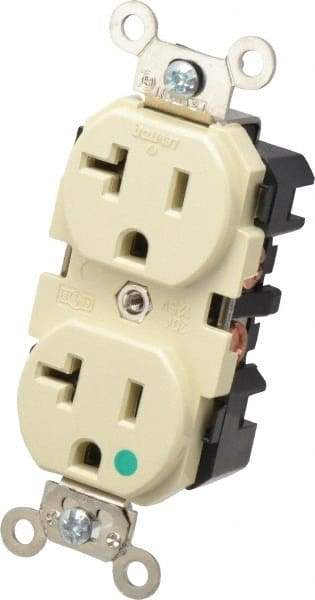Leviton - 125 VAC, 20 Amp, 5-20R NEMA Configuration, Ivory, Hospital Grade, Self Grounding Duplex Receptacle - 1 Phase, 2 Poles, 3 Wire, Flush Mount, Impact Resistant - Apex Tool & Supply