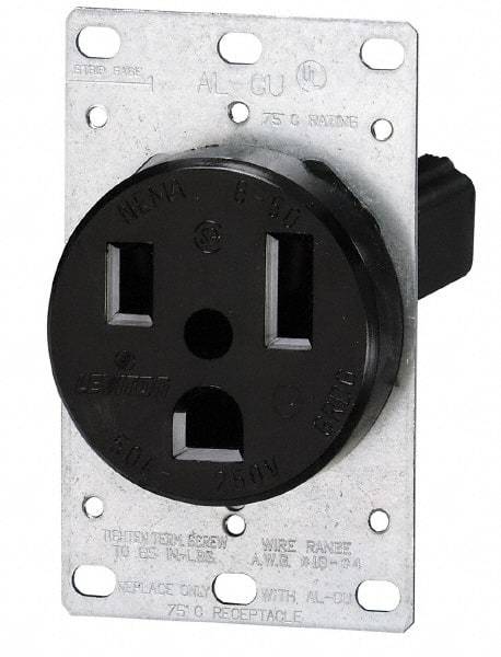 Leviton - 250 VAC, 60 Amp, 15-60R NEMA Configuration, Black, Industrial Grade, Self Grounding Single Receptacle - 1 Phase, 3 Poles, 4 Wire, Flush Mount, Tamper Resistant - Apex Tool & Supply