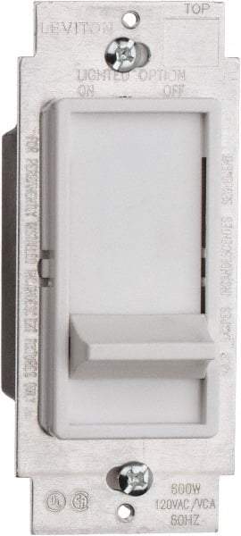 Leviton - 1 Pole, 120 VAC, 60 Hz, 600 Watt, Residential Grade, Slide Switch, Wall and Dimmer Light Switch - 1.73 Inch Wide x 4.13 Inch High, Incandescent - Apex Tool & Supply