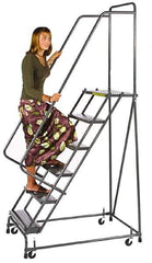 Ballymore - 103" 7 Step Ladder - Spring Loaded Rolling Safety Ladder, 450 Lb Capacity, 70" Platform Height, 24" Base Width x 56" Depth, Expanded Metal Tread - Apex Tool & Supply