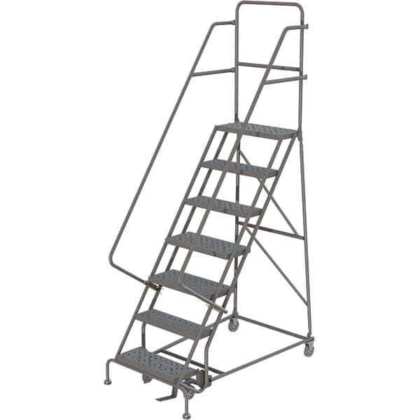 TRI-ARC - 106" 7 Step Rolling Platform Ladder - 450 Lb Capacity, 70" Platform Height, 27" Base Width x 57" Depth, Perforated Tread - Apex Tool & Supply