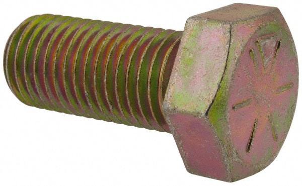 Made in USA - 1-8 UNC, 2-1/4" Length Under Head Hex Head Cap Screw - Fully Threaded, Grade 8 Alloy Steel, Zinc Yellow Dichromate Finish, 1-1/2" Hex - Apex Tool & Supply