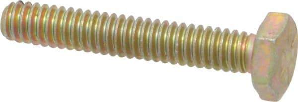 Made in USA - 1/4-20 UNC, 1-1/2" Length Under Head Hex Head Cap Screw - Fully Threaded, Grade 8 Alloy Steel, Zinc Yellow Dichromate Finish, 7/16" Hex - Apex Tool & Supply