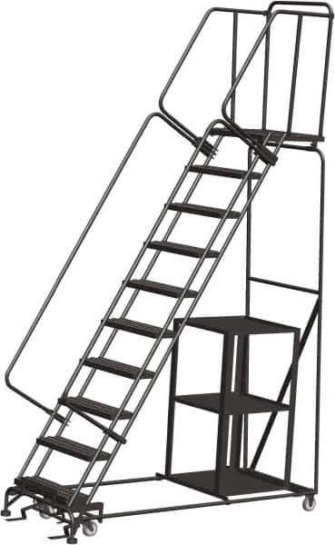 Ballymore - 133" 10 Step Ladder - Safety Stock Picking Ladder, 450 Lb Capacity, 100" Platform Height, 32" Base Width x 80" Depth, Perforated Tread - Apex Tool & Supply
