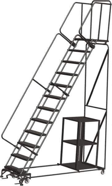 Ballymore - 153" 12 Step Ladder - Safety Stock Picking Ladder, 450 Lb Capacity, 120" Platform Height, 32" Base Width x 93" Depth, Expanded Metal Tread - Apex Tool & Supply