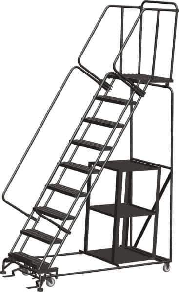 Ballymore - 123" 9 Step Ladder - Safety Stock Picking Ladder, 450 Lb Capacity, 90" Platform Height, 32" Base Width x 74" Depth, Perforated Tread - Apex Tool & Supply