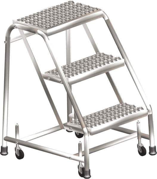 Ballymore - 28-1/2" 3 Step Ladder - Rolling Safety Ladder, 450 Lb Capacity, 28-1/2" Platform Height, 30" Base Width x 25" Depth, Perforated Tread - Apex Tool & Supply