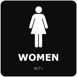 NMC - Women, 8" Wide x 8" High, Plastic Sign - English, Braille, White on Black, Wall Mount - Apex Tool & Supply