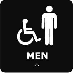 NMC - Men, 8" Wide x 8" High, Plastic Sign - English, Braille, White on Black, Wall Mount - Apex Tool & Supply