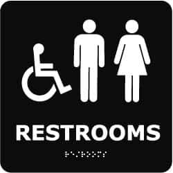 NMC - Restrooms, 8" Wide x 8" High, Plastic Sign - English, Braille, White on Black, Wall Mount - Apex Tool & Supply