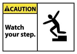 NMC - Accident Prevention Label, Header: CAUTION - Legend: Caution - Watch Your Step, English, Black, Yellow & White, 5" Long x 3" High, Sign Muscle Finish - Apex Tool & Supply