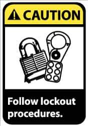 NMC - Accident Prevention Label, Header: CAUTION - Legend: Caution - Follow Lock-Out Procedures, English, Black, Yellow & White, 5" Long x 3" High, Sign Muscle Finish - Apex Tool & Supply