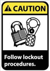 NMC - Accident Prevention Label, Header: CAUTION - Legend: Caution - Follow Lock-Out Procedures, English, Black, Yellow & White, 5" Long x 3" High, Sign Muscle Finish - Apex Tool & Supply
