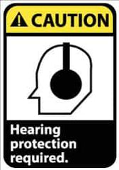 NMC - Accident Prevention Label, Header: CAUTION - Legend: Caution - Hearing Protection Required, English, Black, Yellow & White, 5" Long x 3" High, Sign Muscle Finish - Apex Tool & Supply