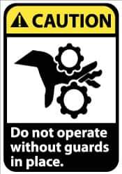 NMC - Accident Prevention Label, Header: CAUTION - Legend: Caution - Do Not Operate without Guards in Place, English, Black, Yellow & White, 5" Long x 3" High, Sign Muscle Finish - Apex Tool & Supply
