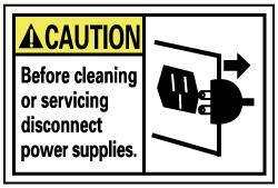 NMC - Accident Prevention Label, Header: CAUTION - Legend: Caution - Before Cleaning or Servicing Disconnect Power Supplies, English, Black, Yellow & White, 5" Long x 3" High, Sign Muscle Finish - Apex Tool & Supply