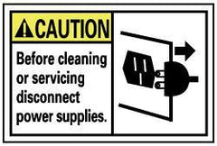 NMC - Accident Prevention Label, Header: CAUTION - Legend: Caution - Before Cleaning or Servicing Disconnect Power Supplies, English, Black, Yellow & White, 5" Long x 3" High, Sign Muscle Finish - Apex Tool & Supply