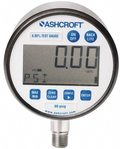 Ashcroft - 3" Dial, 1/4 Thread, 0-60 Scale Range, Pressure Gauge - Lower Connection Mount, Accurate to 0.05% of Scale - Apex Tool & Supply