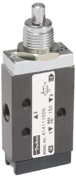 Parker - 0.20 CV Rate, 1/8" NPT Inlet Direct Air 2 Mechanical Spool Valve - 3 Way, 2 Position, 150 Max psi, Plunger Spring Return - Apex Tool & Supply