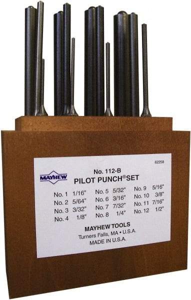 Mayhew - 12 Piece, 1/16 to 1/2", Roll Pin Punch Set - Round Shank, Alloy Steel, Comes in Wood Box - Apex Tool & Supply