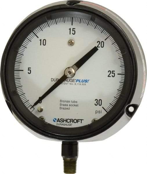 Ashcroft - 4-1/2" Dial, 1/4 Thread, 0-30 Scale Range, Pressure Gauge - Lower Connection, Rear Flange Connection Mount, Accurate to 0.5% of Scale - Apex Tool & Supply