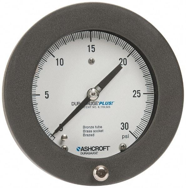 Ashcroft - 4-1/2" Dial, 1/4 Thread, 0-30 Scale Range, Pressure Gauge - Center Back Connection Mount, Accurate to 0.5% of Scale - Apex Tool & Supply