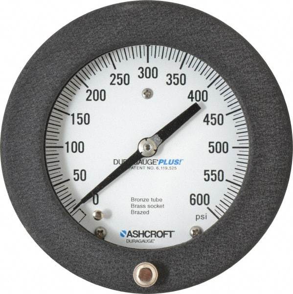 Ashcroft - 4-1/2" Dial, 1/4 Thread, 0-600 Scale Range, Pressure Gauge - Center Back Connection Mount, Accurate to 0.5% of Scale - Apex Tool & Supply