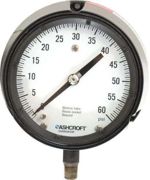 Ashcroft - 4-1/2" Dial, 1/4 Thread, 0-60 Scale Range, Pressure Gauge - Lower Connection, Rear Flange Connection Mount, Accurate to 0.5% of Scale - Apex Tool & Supply