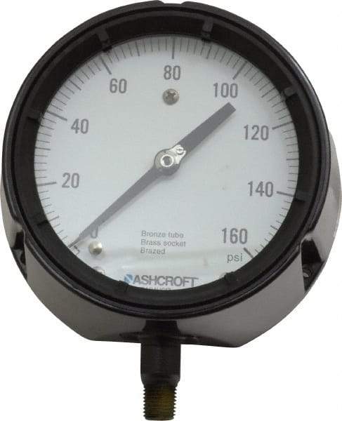 Ashcroft - 4-1/2" Dial, 1/4 Thread, 0-160 Scale Range, Pressure Gauge - Lower Connection, Rear Flange Connection Mount, Accurate to 0.5% of Scale - Apex Tool & Supply