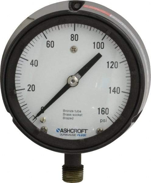 Ashcroft - 4-1/2" Dial, 1/2 Thread, 0-160 Scale Range, Pressure Gauge - Lower Connection, Rear Flange Connection Mount, Accurate to 0.5% of Scale - Apex Tool & Supply