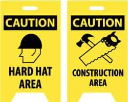 NMC - Caution - Hard Hat Area, Caution - Construction Area, 12" Wide x 20" High, Plastic Floor Sign - A-Frame, Black on Yellow, For Accident Prevention - Apex Tool & Supply