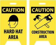 NMC - Caution - Hard Hat Area, Caution - Construction Area, 12" Wide x 20" High, Plastic Floor Sign - A-Frame, Black on Yellow, For Accident Prevention - Apex Tool & Supply