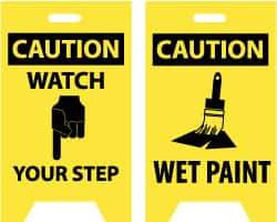 NMC - Caution - Watch Your Step, Caution - Wet Paint, 12" Wide x 20" High, Plastic Floor Sign - A-Frame, Black on Yellow, For Accident Prevention - Apex Tool & Supply
