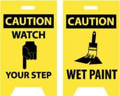 NMC - Caution - Watch Your Step, Caution - Wet Paint, 12" Wide x 20" High, Plastic Floor Sign - A-Frame, Black on Yellow, For Accident Prevention - Apex Tool & Supply