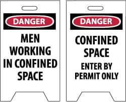 NMC - Danger - Men Working in Confined Area, Danger - Confined Space - Enter by Permit Only, 12" Wide x 19" High, Plastic Floor Sign - A-Frame, Red & Black on White, For Accident Prevention - Apex Tool & Supply
