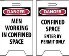 NMC - Danger - Men Working in Confined Area, Danger - Confined Space - Enter by Permit Only, 12" Wide x 19" High, Plastic Floor Sign - A-Frame, Red & Black on White, For Accident Prevention - Apex Tool & Supply