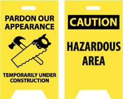 NMC - Pardon Our Appearance - Temporarily Under Construction, 12" Wide x 19" High, Plastic Floor Sign - A-Frame, Black on Yellow, For Accident Prevention - Apex Tool & Supply