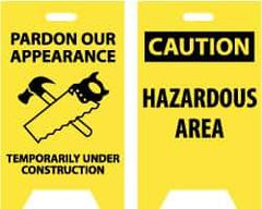 NMC - Pardon Our Appearance - Temporarily Under Construction, 12" Wide x 19" High, Plastic Floor Sign - A-Frame, Black on Yellow, For Accident Prevention - Apex Tool & Supply