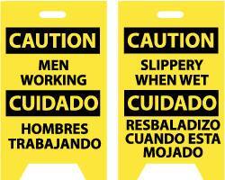 NMC - Caution - Men Working, Caution - Slippery When Wet, 12" Wide x 20" High, Plastic Floor Sign - English/Spanish, A-Frame, Black on Yellow, For Accident Prevention - Apex Tool & Supply