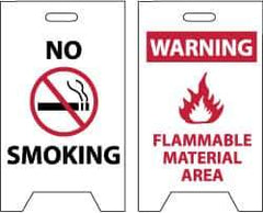 NMC - No Smoking, Warning - Flammable Material Area, 12" Wide x 20" High, Plastic Floor Sign - A-Frame, Red & Black on White, For Hazardous Materials - Apex Tool & Supply