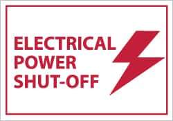 NMC - Accident Prevention Label - Legend: Electrical Power Shut-off, English, Red on White, 5" Long x 3" High, Sign Muscle Finish - Apex Tool & Supply