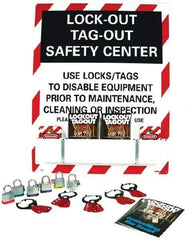 NMC - Equipped Polystyrene Tag and Padlock / Hasp Station - 24 Inch Wide x 30 Inch High, Red, White and White on Black - Apex Tool & Supply
