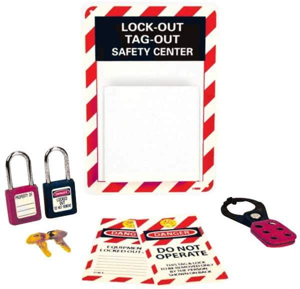 NMC - Equipped Polystyrene Tag and Padlock / Hasp Station - 7 Inch Wide x 10 Inch High, Red, White and White on Black - Apex Tool & Supply