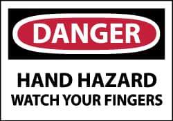 NMC - Hazardous Materials Label, Header: DANGER - Legend: Danger - Hand Hazard - Watch Your Fingers, English, Red, Black & White, 5" Long x 3" High, Sign Muscle Finish - Apex Tool & Supply