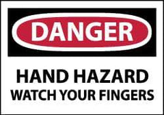 NMC - Hazardous Materials Label, Header: DANGER - Legend: Danger - Hand Hazard - Watch Your Fingers, English, Red, Black & White, 5" Long x 3" High, Sign Muscle Finish - Apex Tool & Supply