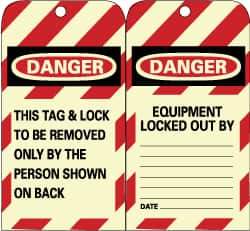 NMC - 3" High x 6" Long, DANGER - THIS TAG & LOCK TO BE REMOVED ONLY BY THE PERSON SHOWN ON BACK, English Safety & Facility Lockout Tag - Tag Header: Danger, 2 Sides, Black, Red & White Unrippable Vinyl - Apex Tool & Supply