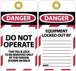 NMC - 3" High x 6" Long, DANGER - DO NOT OPERATE - THIS TAG & LOCK TO BE REMOVED ONLY BY THE PERSON SHOWN ON BACK, English Safety & Facility Lockout Tag - Tag Header: Danger, 2 Sides, Black, Red & White Unrippable Vinyl - Apex Tool & Supply