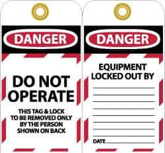 NMC - 3" High x 6" Long, DANGER - DO NOT OPERATE - THIS TAG & LOCK TO BE REMOVED ONLY BY THE PERSON SHOWN ON BACK, English Safety & Facility Lockout Tag - Tag Header: Danger, 2 Sides, Black, Red & White Unrippable Vinyl - Apex Tool & Supply
