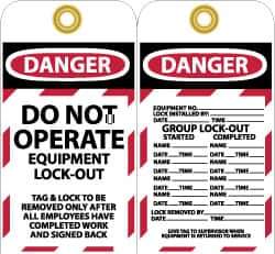 NMC - 3" High x 6" Long, DANGER - DO NOT OPERATE - EQUIPMENT LOCK-OUT, English Safety & Facility Lockout Tag - Tag Header: Danger, 2 Sides, Black, Red & White Unrippable Vinyl - Apex Tool & Supply